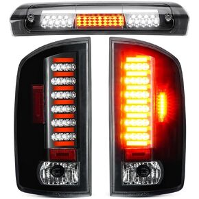 LED Tail Light + 3rd Third Brake Light Fit for Dodge Ram 1500 2002-2006, for Dodge Ram 2500 3500 2003-2006, Taillight Assembly and High Mount Stop Light, 3 Pcs, Chrome Housing Smoke Lens