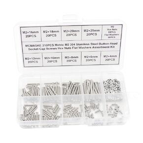 310PCS Metric M2.5 304 Stainless Steel Button Head Socket Cap Screws Hex Nuts Flat Washers Assortment Kit