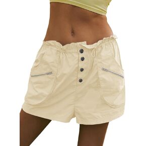 Fisoew Womens Cargo Shorts Relaxed Fit Low Waist Drawstring Hiking Outdoor Shorts with Pockets
