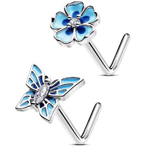 OUFER 2PCS Nose Rings Studs, 316L Surgical Steel 20G Nose Rings L-shaped Silver, Spring Element Butterfly Flower Design Blue Nose Nostril Piercing Jewelry for Women and Men