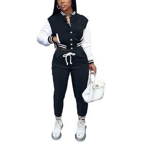Womens Two Piece Tracksuit Button Down Cropped Varsity Jacket Pants Set Jogger Sweatsuit