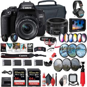 كاميرا Canon EOS Rebel 800D / T7i DSLR مع عدسة STM مقاس 18-55 4-5.6 (1895C002) + شاشة 4K + عدسة Canon EF 50 مم + ميكروفون + سماعات رأس + 2 × بطاقة 64 جيجابايت + مرشح ألوان + حافظة + المزيد (متجددة)