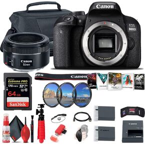 كاميرا Canon EOS Rebel 800D / T7i DSLR (الهيكل فقط)، بطاقة سعة 64 جيجابايت، حافظة، برنامج Corel للصور، بطارية 2 × LPE17، قارئ بطاقات، ضوء LED، حامل ثلاثي القوائم + المزيد (متجدد)