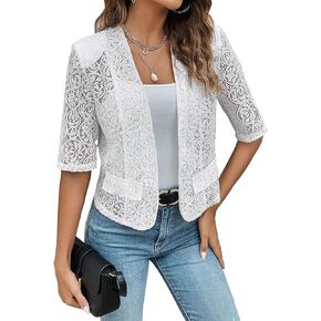WDIRARA Women's Floral Lace Open Front Half Sleeve Mesh Blazer Elegant Jacket Outerwear