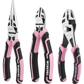 WORKPRO 3-Piece Pliers Set, Pink Pliers Tool Set Including Needle Nose Pliers, Diagonal Cutting Pliers, and Slip Joint Pliers for Plumbing, Automotive and General Applications - Pink Ribbon