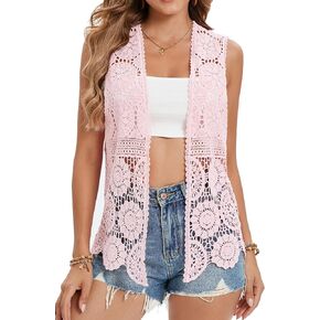 GLEAMISS Women's Crochet Vest Sleeveless Boho Lace Cardigan (Round Flower Pink)