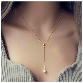 Boho Pearl Y Lariat Necklace Long Gold Pearl Drop Necklace Chain Minimalist Y Necklace Dangly Pearl Choker Necklace Jewelry for Women and Girls