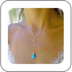 Bohemia Teardrop Turquoise Y Necklace Turquoise Y Pendant Necklace Chain Long Silver Circle Lariat Necklace Vintage Blue Turquose Drop Necklace Jewelry for Women and Girls
