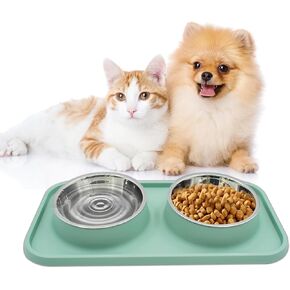 Double Dog Food Bowls Stainless Steel with No Spill Non Skid Silicone Mat Removable Dog Water and Food Bowls Set Durable Feeding Bowls for Small Dogs Puppy Cat Kitten(Blue)