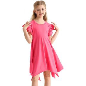 Girls Casual Dresses Summer Crew Neck Double Layer Ruffle Sleeve Cute High Low Swing Knee Wear for 4-13 Years