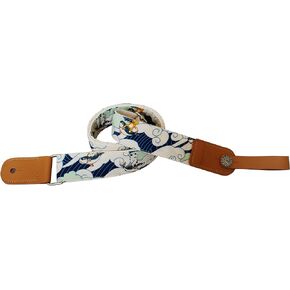 MUSIC FIRST Original Design Vintage Ukiyoe Style Surfing Cat Soft Muslin & Genuine Leather Ukulele Strap Ukulele Shoulder Strap With a Genuine Leather Strap Locker