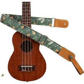 MUSIC FIRST Original Design Vintage “Acorn" Soft Muslin & Genuine Leather Ukulele Strap Ukulele Shoulder Strap With a MUSIC FIRST Genuine Leather Strap Locker