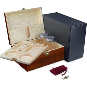 Wood Storage Box Organizer, Large Premium Locking Wooden Stash Box with 2 Airtight Jars for Home Decorative, Keepsake Decorative Memory Box with Lock and Key for Family Friends Great Gifts