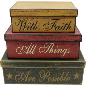 CVHOMEDECO. Primitives Vintage Rectangular Cardboard Nesting Boxes With Faith All Things Are Possible for Photos Memories Keepsakes and Home Decor., Large 12 X 8 X 4 Inch. Set of 3.
