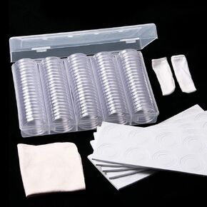 200 Pieces 30mm Coin Holder Coin Capsules and 200Pcs 5 Sizes (17/20/25/27/30 mm) Foam Cushions with Clear Plastic Storage Organizer Box for Coin Collection Supplies
