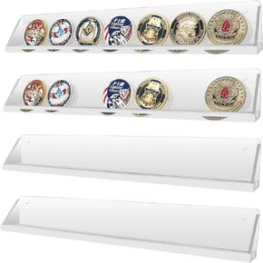 Clear Acrylic Challenge Coin Display Holder,Wall Mounted Acrylic Casino Poker Chip Collectors Display Rack stand, Single Row Military Coins belt buckle badge Collection Shelf,Set of 4