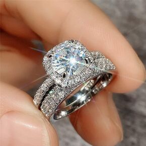 Ganquya Fashion 18K White Gold Plated Bright Cut Bridal Wedding Ring Set Jewelry Gifts Cubic Zirconia Two-in-One Halo Engagement Promise Eternity Ring Set（8）
