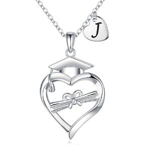 Turandoss Graduation Gifts for Her, S925 Sterling Silver Graduation Necklace Class of 2024 Graduation Cap Pendant Necklace Heart Initial Necklace College High School Graduation Gifts for Her 2024