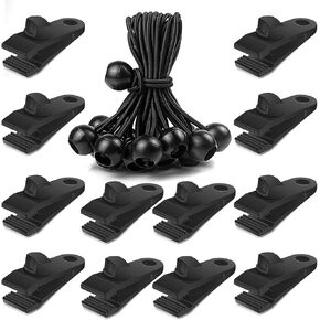 Large Tarp Clips Heavy Duty Lock Grip 12 PCs Tarp Clamps Thumb Screw Tent Fasteners Clips with 12 PCs Ball Bungee Cords for Camping Awnings Caravan Canopies Car Swimming Pool Boat Cover Clips etc