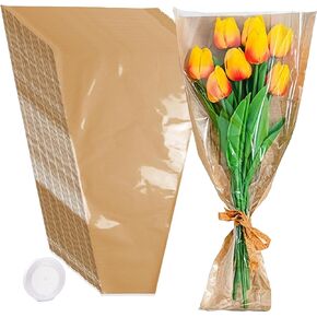 Tallsocne 50 Sheets Flower Wrapping Paper+72ft Ribbons，Kraft Paper Bouquet Wrapping Paper Waterproof Bouquet Sleeves Suitable for Flower Shops,Weddings, Birthdays, Anniversaries, Mother's day.