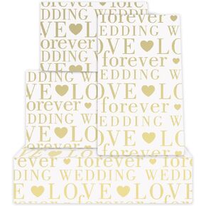 Love Forever Wedding Letter With Hearts White & Gold Foil Design Wrapping Paper Folded Flat 4 Sheets 20x28 inches Per Sheet For Weddings, Bridal Showers, Engagements