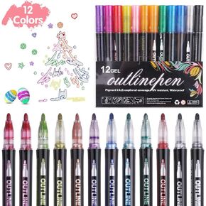 LOKIPA 12 Colors Markers Metallic, Shimmer Markers Outline Double Line Metallic Pens Set Outline Pens for kids ages 8-12 Shimmer Glitter Pens Set for Birthday Greeting, DIY Art Crafts, Scrap Booking