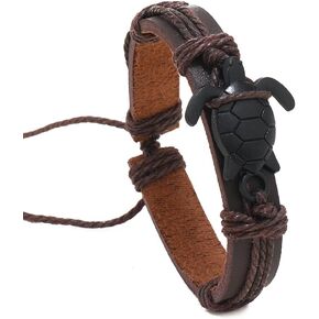 LIU JUN Sea Turtle Tracking Bracelet for Men Teen Boys, Trendy Black Leather Wrap Turtle Bracelet Simple Adjustable Handmade Ocean Animal Charms Bracelets Jewelry Gifts