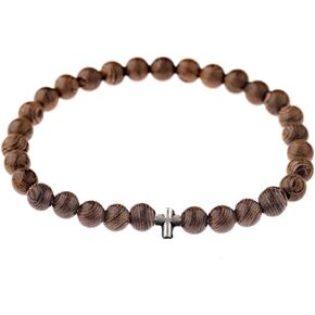 COLORFUL BLING Wood Beaded Cross Stretch Rosary Bracelet for Men Boys First Communion Religious Cross Statement Wrist Bangle Faith Prayer Jewelry