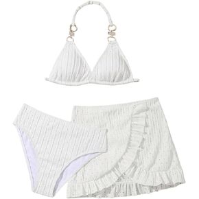 Girl's 3 Piece Bikini Sets Backless Halter Swim Suits Bathing Suit with Ruffle Swim Skirt Cover Up