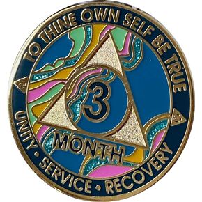 3 Month AA Medallion Elegant Marble Tahiti Teal Blue Pink and Aqua Glitter Gold Plated 90 Day Sobriety Chip