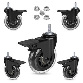 Hirate 5pcs Threaded Stem Casters 5/16"-18UNC with Brake, 3" Heavy Duty Swivel Locking Casters Replacement Quiet Rolling Safe for Office Home, Include Flange Lock Nuts