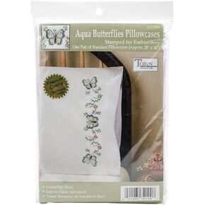 Design Works Crafts Stamped Embroidery Aqua Butterfly Pillowcases (Set of 2), 20 by 30", Blue