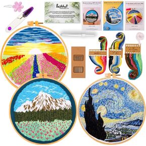 Fashhut 4 Sets Embroidery Kit for Beginners with Tutorial Videos, Stamped Patterns - DIY Starter Embroidery Kit for Beginner Adults and Kids, 1x Hoop | Simple Stitches Hand Embroidery Kit