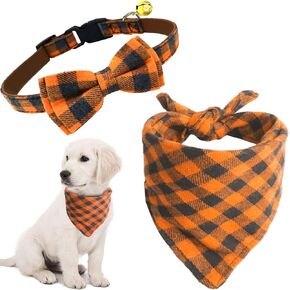 KUDES 2 Pack Cat and Dog Collar Breakaway and Bandana Set with Bell, Adjustable Plaid Bowtie and Scarf Triangle Bibs Kerchief for Small/Medium/Large Dogs (Blue Plaid, S(9.8"-14"))