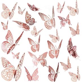 3D Butterfly Wall Decor, 48 Pcs 4 Styles 3 Sizes, Removable Metallic Wall Sticker Room Mural Decals for Kids Bedroom Home Décor Nursery Classroom Party Wedding Decor DIY Gift (Rose Gold)