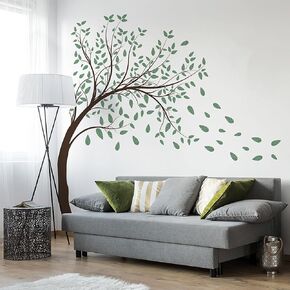 4 Sheets Green Tree Wall Decals Big Tree Wall Stickers Large DIY Peel and Stick Flying Leaves Wall Decor for Kids Bedroom Living Room Nursery Rooms TV Sofa Background Decoration