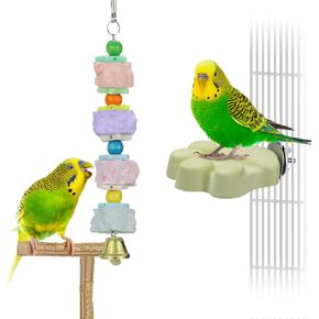 Bird Beak Trim Colorful Calcium Stone Parrot Pet Chew Long String Cage Toy with Bell, Chinchilla Grinding Teeth Claw Shape Lava Block for Conure, Budgies, Parakeet, Hamster, Rabbit 2-Pcs