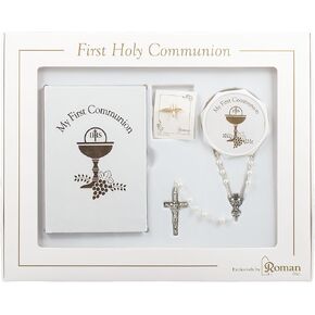 White and Gold 5 Piece Communion Set Rosary Box Pin Book Scapular