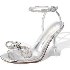 Women's Rhinestone Bow Heels Square Toe Clear Heeled Sandals Slingback High Heels Dress Party Evening Wedding Crystal Shoes