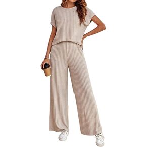 Women's 2two Piece Outfits Sweater Sets Casual Loose Knit Crewneck Short Sleeve Tops Wide Leg Pants