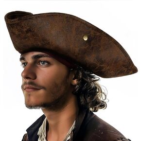 قبعة أصلية من الجلد الصناعي للقراصنة باللون البني لإكسسوارات أزياء الهالوين التريكو الاستعمارية للبالغين in Kuwait