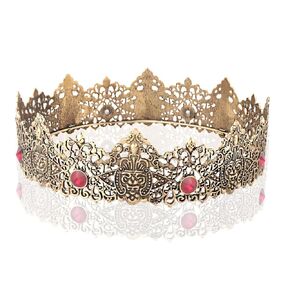 King Men Tiara Crown Imperial Medieval Headband Crystal Costumes For Birthday Party Prom Halloween Hair Accessories (Dark Gold With Wine Red Stone)