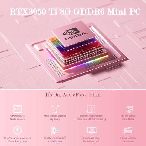 كمبيوتر صغير للألعاب، Intel i9-12900H & GeForce RTX 3050Ti 8G كمبيوتر صغير، كمبيوتر مكتبي صغير بإضاءة RGB، DLSS 3 - أداء مدعوم بالذكاء الاصطناعي، ذاكرة وصول عشوائي 32 جيجابايت 1 تيرابايت NVMe SSD، شاشة ثلاثية/2.5 جيجا LAN/WiFi 6E، وردي in Kuwait