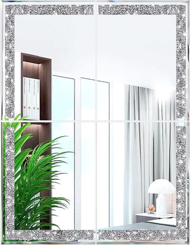 مرآة كريستال كراش دايموند فضية مقاس 30.48 سم × 30.48 سم قطعتان، مرآة زجاجية أنيقة بدون إطار. مرآة معلقة لغرفة النوم والحمام لتزيين الحائط. in Kuwait