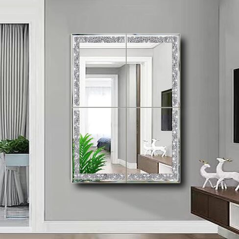 مرآة كريستال كراش دايموند فضية مقاس 30.48 سم × 30.48 سم قطعتان، مرآة زجاجية أنيقة بدون إطار. مرآة معلقة لغرفة النوم والحمام لتزيين الحائط. in Kuwait