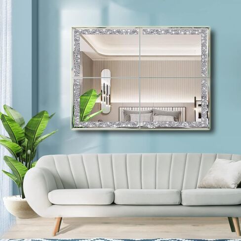 مرآة كريستال كراش دايموند فضية مقاس 30.48 سم × 30.48 سم قطعتان، مرآة زجاجية أنيقة بدون إطار. مرآة معلقة لغرفة النوم والحمام لتزيين الحائط. in Kuwait