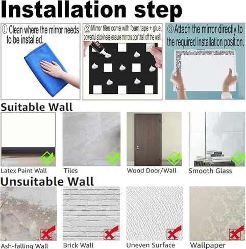 مرآة كريستال كراش دايموند فضية مقاس 30.48 سم × 30.48 سم قطعتان، مرآة زجاجية أنيقة بدون إطار. مرآة معلقة لغرفة النوم والحمام لتزيين الحائط. in Kuwait