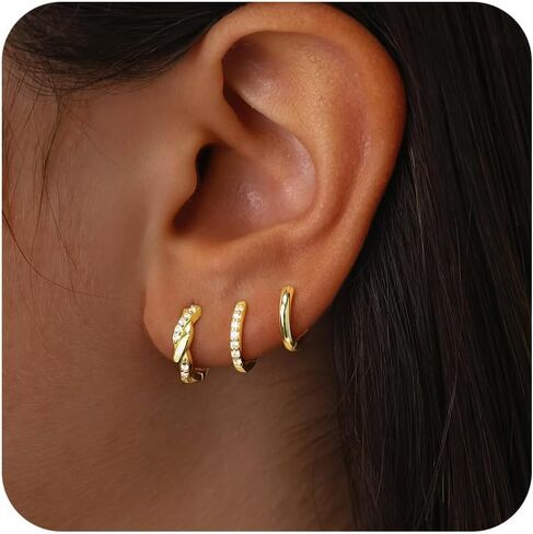 مجموعة أقراط دائرية ذهبية للنساء، أقراط هوجي صغيرة أنيقة عيار 14 قيراط لمجوهرات متعددة خفيفة الوزن لا تسبب الحساسية، أقراط غضروف مكعبة مزدوجة ملتوية عصرية للفتيات المراهقات 3 أزواج in Kuwait