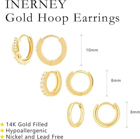 مجموعة أقراط دائرية ذهبية للنساء، أقراط هوجي صغيرة أنيقة عيار 14 قيراط لمجوهرات متعددة خفيفة الوزن لا تسبب الحساسية، أقراط غضروف مكعبة مزدوجة ملتوية عصرية للفتيات المراهقات 3 أزواج in Kuwait