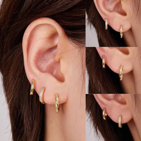 مجموعة أقراط دائرية ذهبية للنساء، أقراط هوجي صغيرة أنيقة عيار 14 قيراط لمجوهرات متعددة خفيفة الوزن لا تسبب الحساسية، أقراط غضروف مكعبة مزدوجة ملتوية عصرية للفتيات المراهقات 3 أزواج in Kuwait